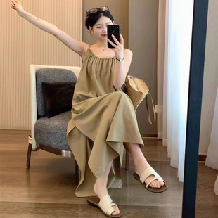 轻熟性感吊带裙微胖mm遮肚藏肉裙子手工捏褶宽松长裙女 19266大码