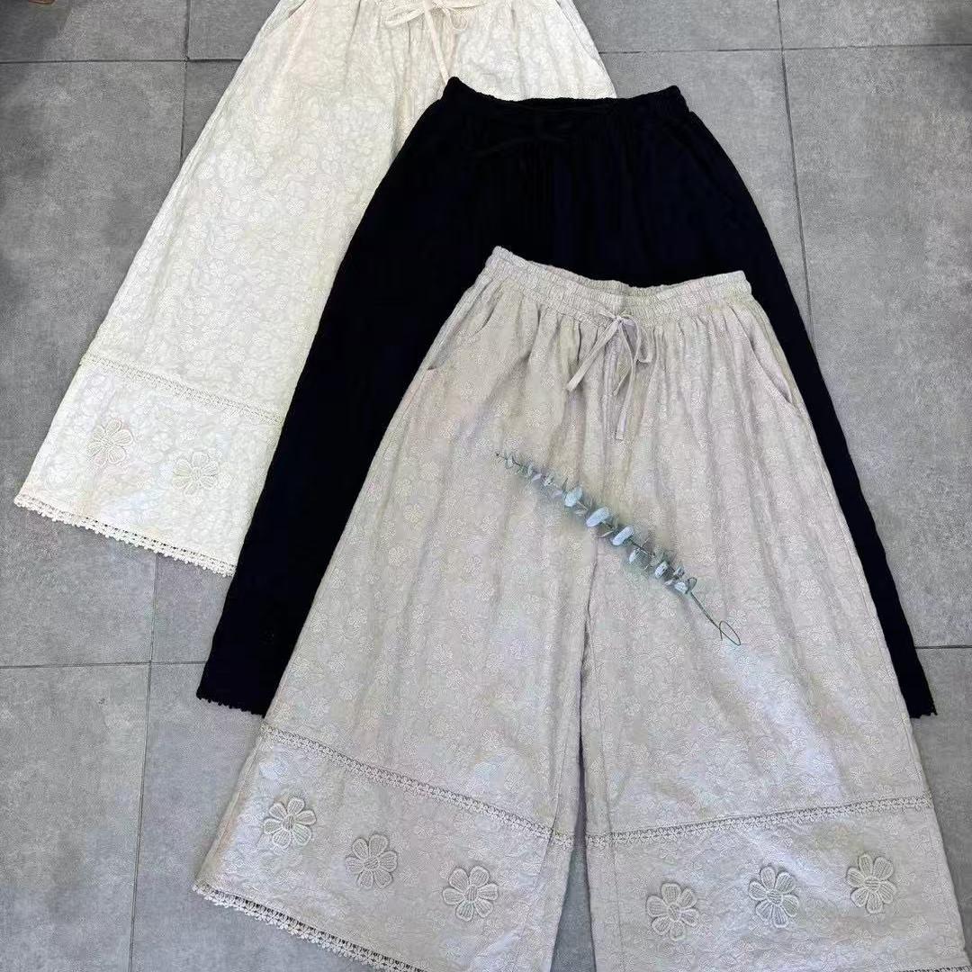 松紧腰抽绳刺绣花朵休闲裤百搭女