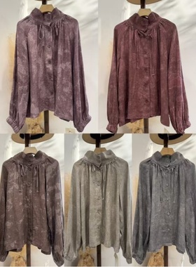 22354植物扎染定位印花设计领口系带苎麻莱赛尔衬衫松紧袖口衬衣