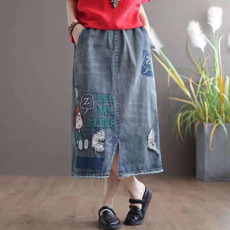 G5夏松紧腰系带百搭女孩刺绣水洗全棉破洞牛仔半身裙包臀裙长裙|msdalam kategori Butik wanita / wanita, skirt - dari Buy2taobao.com untuk memberikan perkhidmatan ejen Taobao profesional membeli