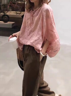 19261小莲~重工刺绣领口细带苎麻小衫周身绣花宽松水滴九分袖上衣