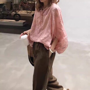 19261小莲~重工刺绣领口细带苎麻小衫周身绣花宽松水滴九分袖上衣