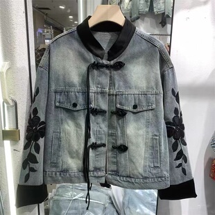 18524新中式改良盘口流苏植绒刺绣长袖牛仔外套时髦洋气国风上衣