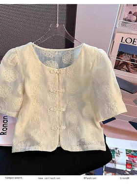 18795国风盘扣刺绣蕾丝衬衫百搭洋气减龄泡泡袖小个子短袖上衣女