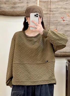 15935欧洲站针织全棉大版卫衣圆领长袖宽松休闲百搭套头压花上衣