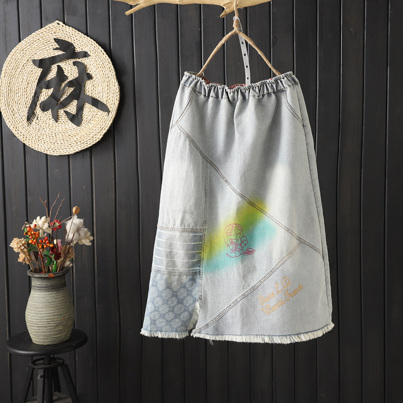 D25夏新松紧腰系带百搭毛边水洗磨白全棉牛仔半身裙大摆裙哆啦A梦|msdalam kategori Butik wanita / wanita, skirt - dari Buy2taobao.com untuk memberikan perkhidmatan ejen Taobao profesional membeli