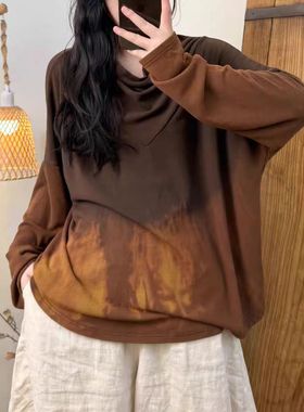 23145秋季新款复古百搭磨毛针织棉堆堆领扎花做旧工艺上衣休闲T恤