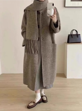 23242韩系可拆卸围巾中长款绵羊毛双面羊绒大衣显瘦百搭毛呢外套