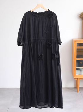 小莲22905特~手工盘花双层100%苎麻连衣裙木耳花边领收腰显瘦长裙