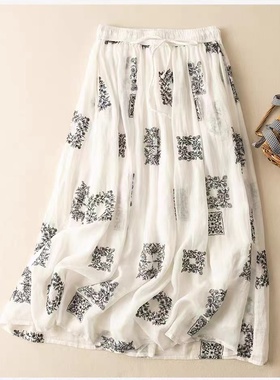 19230小莲~周身刺绣双层手工捏褶苎麻半身裙松紧腰大裙摆A字裙女