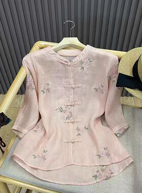 22754新中式盘扣重工刺绣苎麻小衫国风显瘦百搭绣花上衣禅意茶服