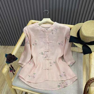新中式盘扣重工刺绣苎麻小衫国风