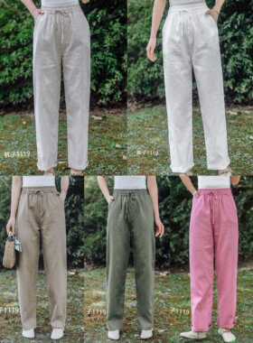 19319夏天丝亚麻百搭松紧腰系绳休闲显高宽松显瘦纯色直筒小脚裤