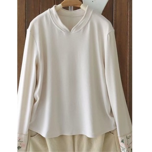 小莲~21159高弹力不起球小立领内里加绒长袖衬衫重工刺绣打底衫女