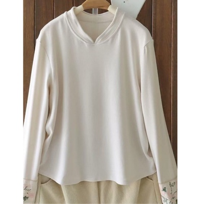 长袖T恤袖口刺绣遮肉显瘦打底衫