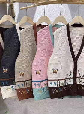 18089森系减龄文艺绣花全棉针织马甲宽松无袖坎肩马甲背心女外套