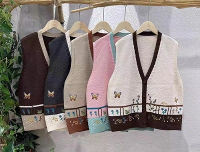 宽松无袖重工绣花针织马甲包邮