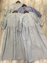 18923日系棉麻格子宽松衬衫裙女单排扣高腰捏褶短袖长款条纹外套