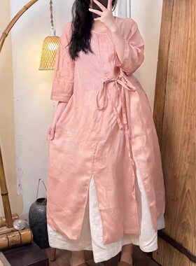 小莲~22709特~新中式纯苎麻连衣裙开叉下摆系带长裙禅意飘带设计