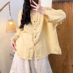 单排扣衬衣 休闲百搭纯色亚麻领口门襟手工缝线开衫 23148秋季 新款