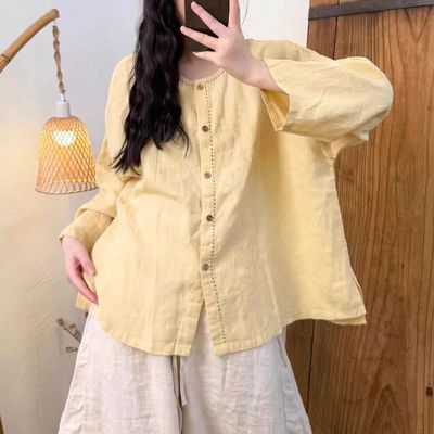亚麻门襟手工缝线开衫单排扣衬衣