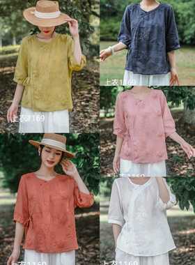 19301汉服式侧系带包扣斜襟套头苎麻小衫刺绣上衣宽松满绣T恤衬衣