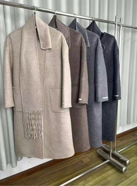 20541高端可脱卸围巾人字纹双面羊毛大衣长款澳洲超细羊毛呢外套