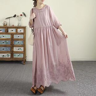 小莲~22645高端苎麻连衣裙裙摆重工定位刺绣双层大摆收腰长裙子女