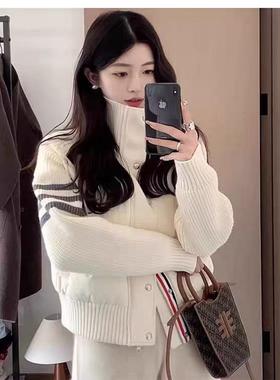 20379TB三条杠针织袖羽绒服洋气短款小个子白鸭绒休闲学院风外套