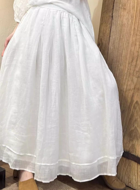 19411小莲~手工捏褶双层精细苎麻半身裙拼接设计A字裙大裙摆半裙