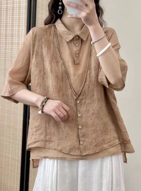 22719设计感压明线假两件纯苎麻小衫百搭暗纹提花半开扣套头衬衣