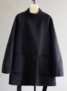20657冬夜街灯中长款气质宽松立领双面羊绒大衣系带收腰毛呢外套