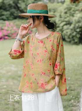 19300夏季田园风碎花苎麻复古V领衬衫森系宽松文艺套头衬衣女上衣