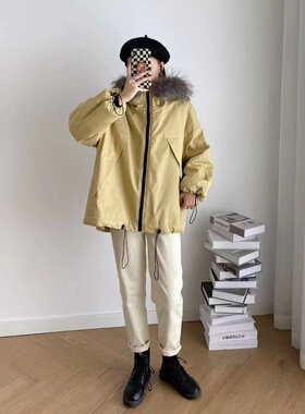 20274派克服大码加绒加厚外套皮毛一体羊羔绒斗篷式风衣保暖棉衣