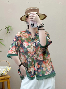 18656欧根纱拼接天丝麻短袖衬衫印花T恤宽松显瘦衬衣百搭上衣开衫