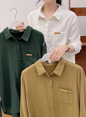 13801皮标单口袋双层纱纯棉衬衫单排扣纯棉纱大码百搭衬衣开衫女