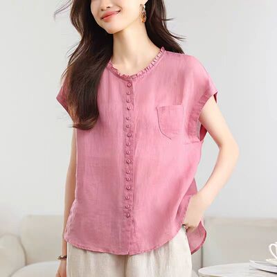 木耳边领纯色百搭苎麻小衫上衣女