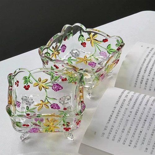 弗莱文茨玻璃欧式浮雕彩绘果盘