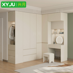 实木橡木L型转角衣柜妆台一体 家用卧室简约现代大衣橱 分段式