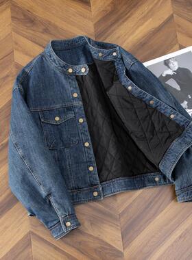 牛仔夹棉棉服冬季时尚设计感立领韩版机车宽松短款长袖牛仔外套女
