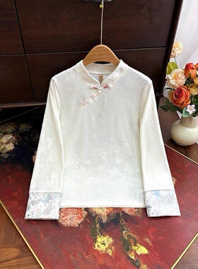 早秋季白色长袖新中式盘扣上衣女复古国风刺绣提花高级感百搭衬衫