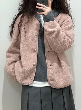 U家同款秋冬女装仿羊羔绒摇粒绒圆领开衫纽扣长袖日单叠穿外套