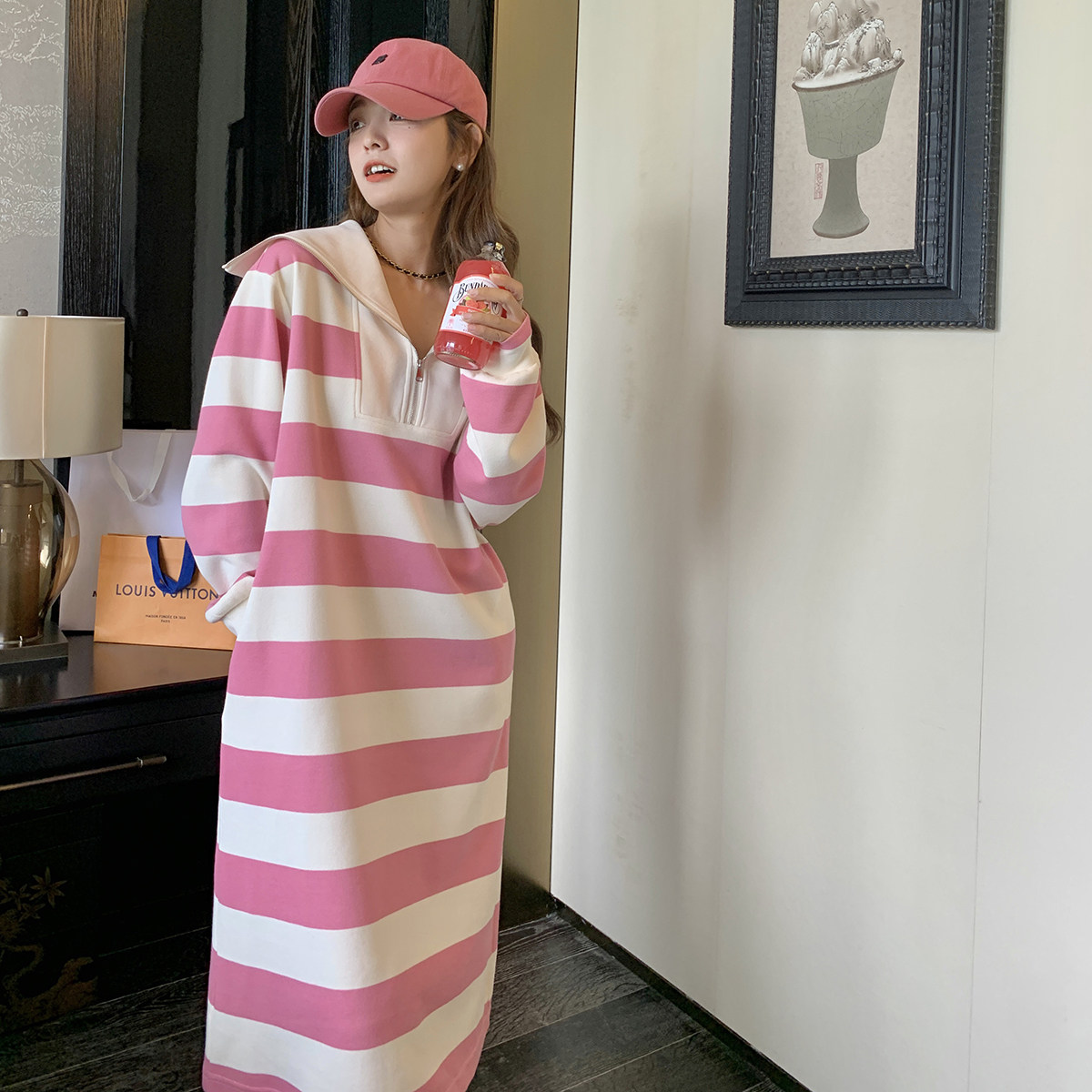 大码胖mm女装显瘦条纹长袖polo领卫衣裙秋新宽松显瘦中长款250斤