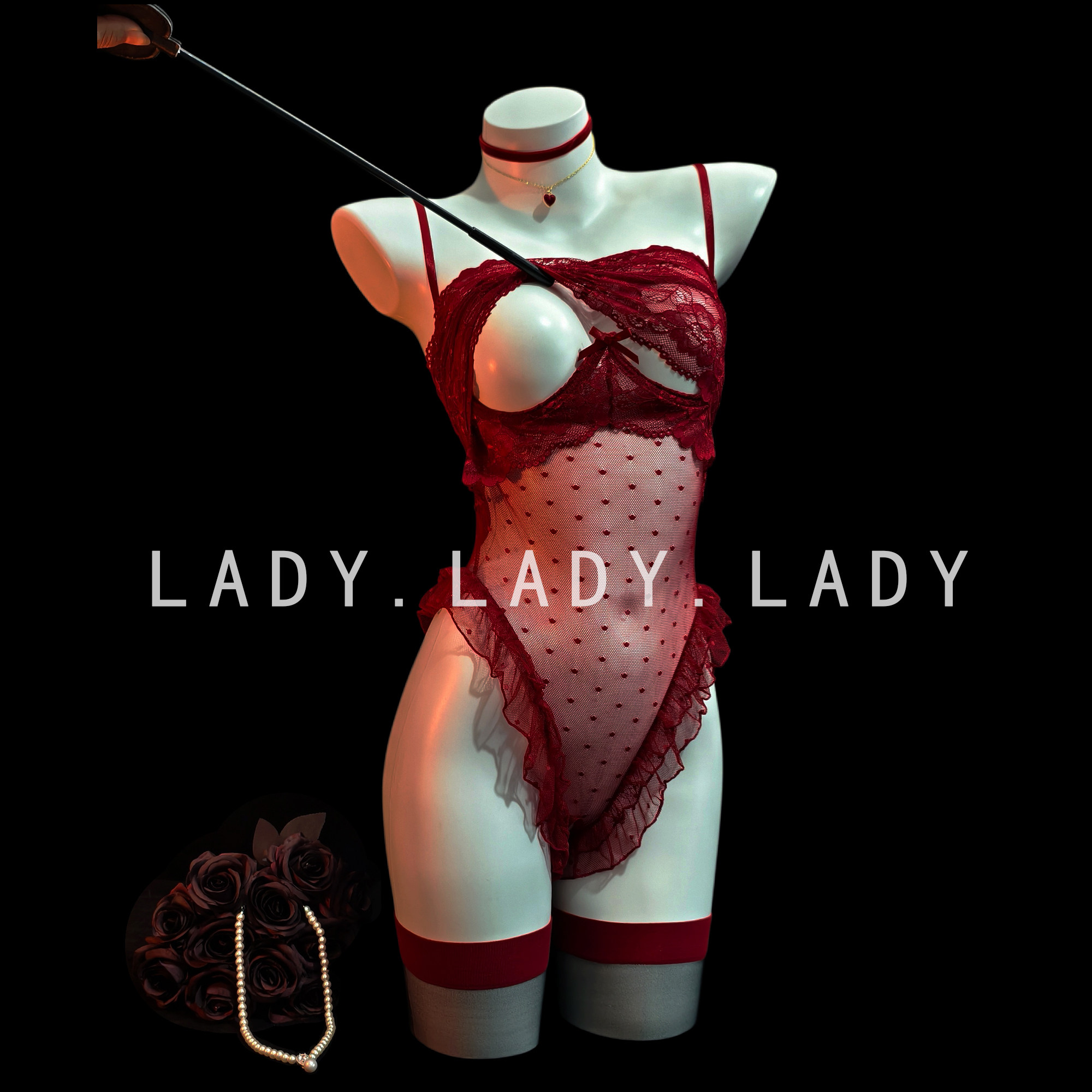 Lady可掀开情趣红色性感蕾丝连体衣带钢托战袍小胸制服qqny内衣