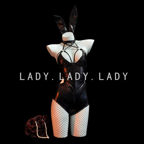 Lady性感兔女郎cos制服亮皮连体衣战袍纯欲镂空情调内衣qqny诱惑