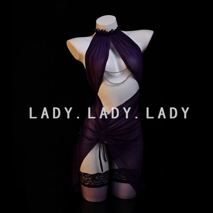 Lady性感睡衣小胸紫色战袍透纱情调睡裙纯欲风诱惑趣情qqny内衣女