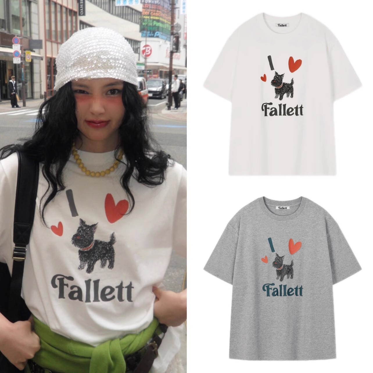 博主同款Fallett韩国设计小众潮牌可爱风狗狗爱心印花宽松短袖t恤