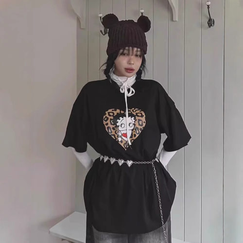 韩国东大门小众品牌JKICHI贝蒂爱心印花宽松休闲短袖T恤女韩版
