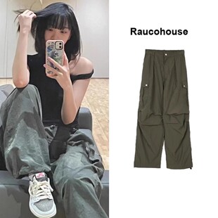 现货金采源同款韩国raucohouse尼龙直筒工装裤休闲阔腿长裤女
