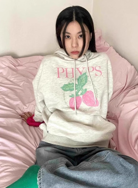 【特价现货】韩国潮牌周洁琼同款phyps复古草莓印花连帽卫衣女ins